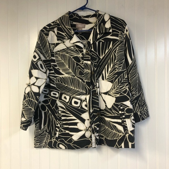 Chico's Jackets & Blazers - Chico's Black and White Leaf Print Jacket Button Closure Tropical Size 3 XL
